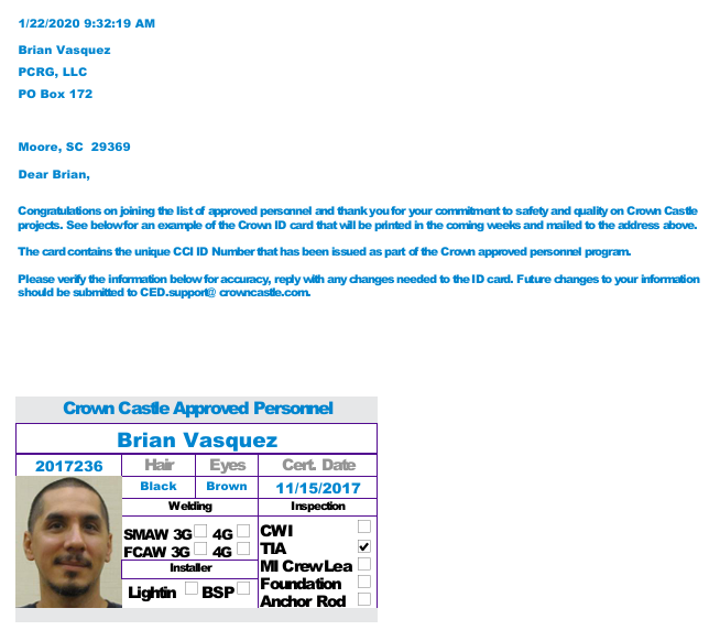 Crown Castle TIA Safety Certification Brian Vasquez