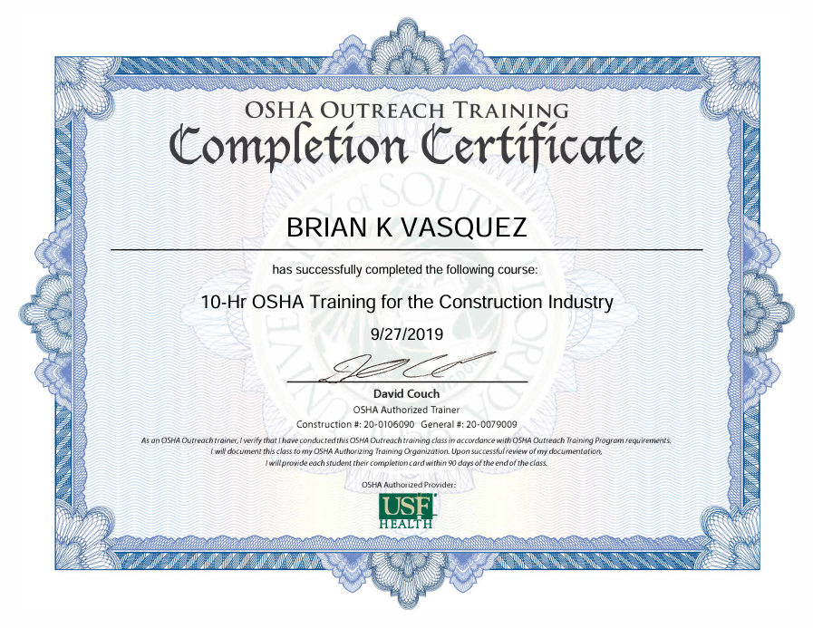 OSHA 10 Hour Safety Certification Brian Vasquez