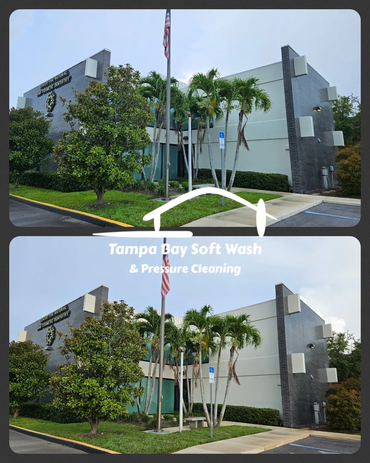 Commercial building exterior after soft wash cleaning