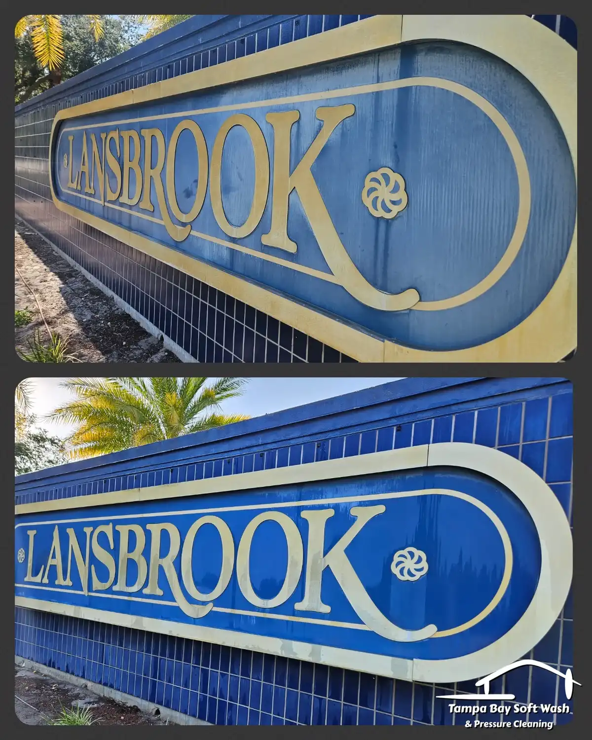 Before and after soft washing of the Lansbrook HOA neighborhood entry monument wall by Tampa Bay Soft Wash