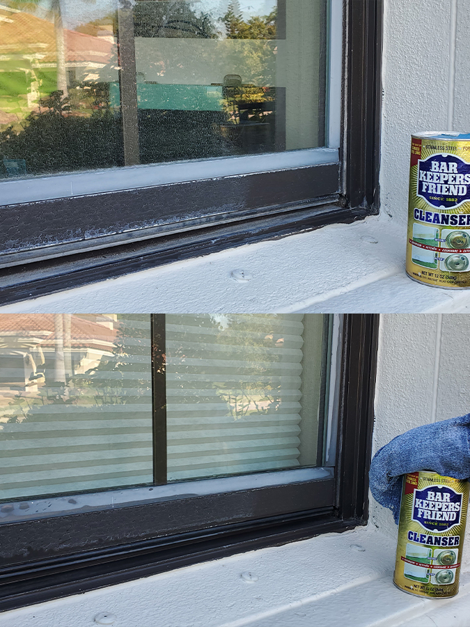 Bar Keepers Friend Before and After on hard water stained window