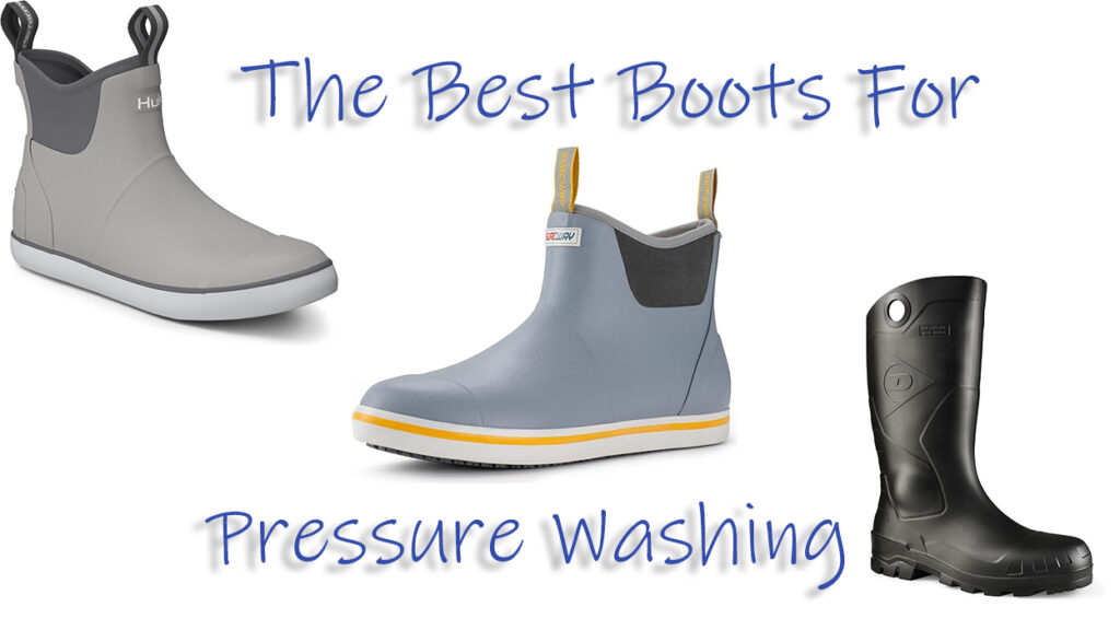 image showing 3 different styles of waterproof boots for pressure washing