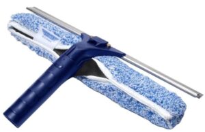 The Ettore ProSeries Backflip 14-inch combo window cleaning tool against a plain white background. The tool has a dark blue handle, a blue and white microfiber washer sleeve, and an attached squeegee channel.