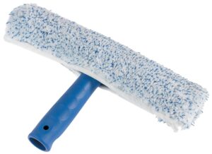 The Ettore Mighty Window Washer, a 10-inch model with a blue ergonomic handle and a white and blue speckled microfiber scrubbing sleeve, shown against a white background.