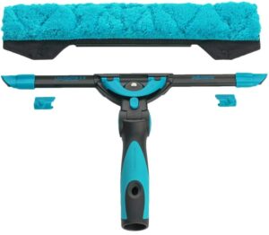 The Moerman Excelerator 2.0, a 14-inch professional window cleaning squeegee and washer combo, displayed against a white background. The tool is black and turquoise and includes the ergonomic handle, the Liquidator 2.0 channel, and the attachable microfiber washer pad.
